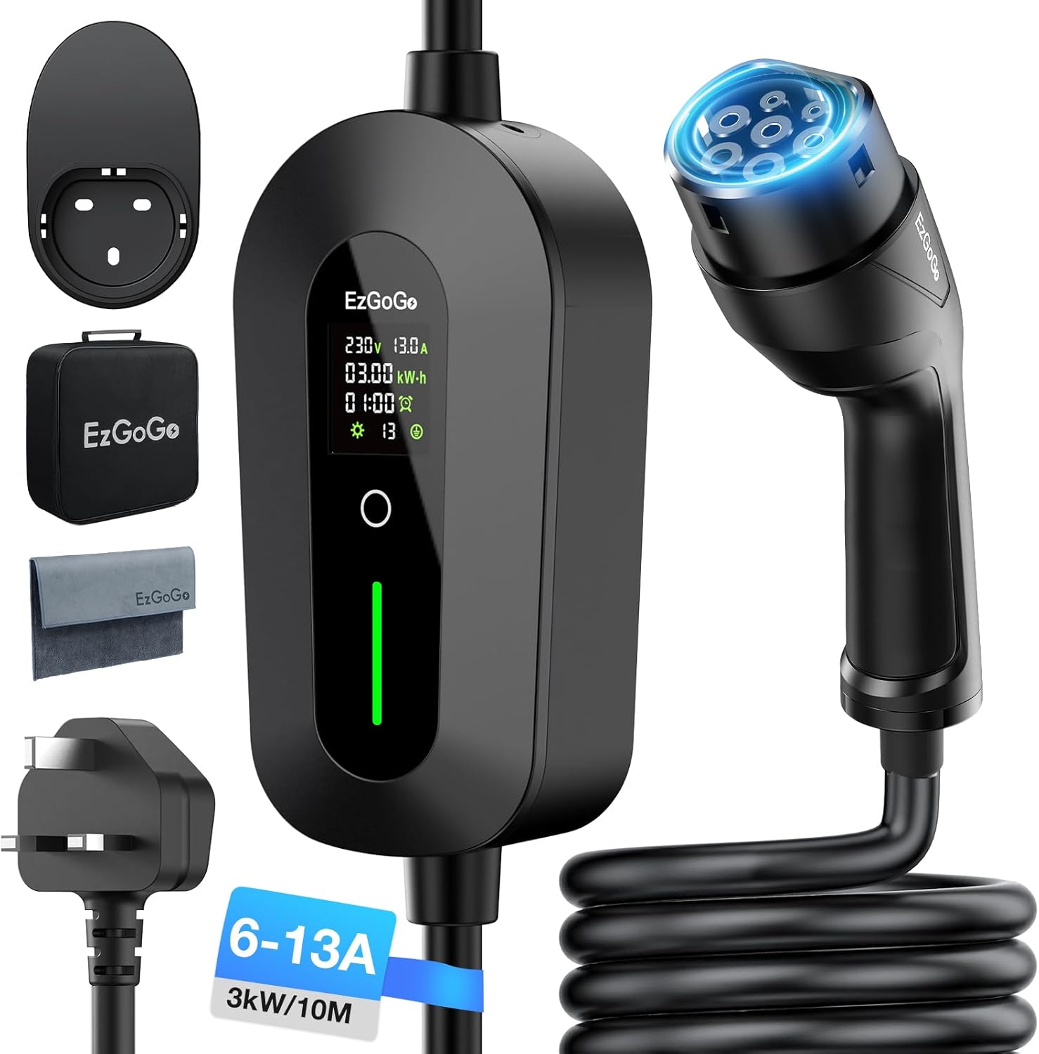 EzGoGo EV Charger 3 Pin Plug 32.81Ft/10M Type 2 Charging Cable 3kW