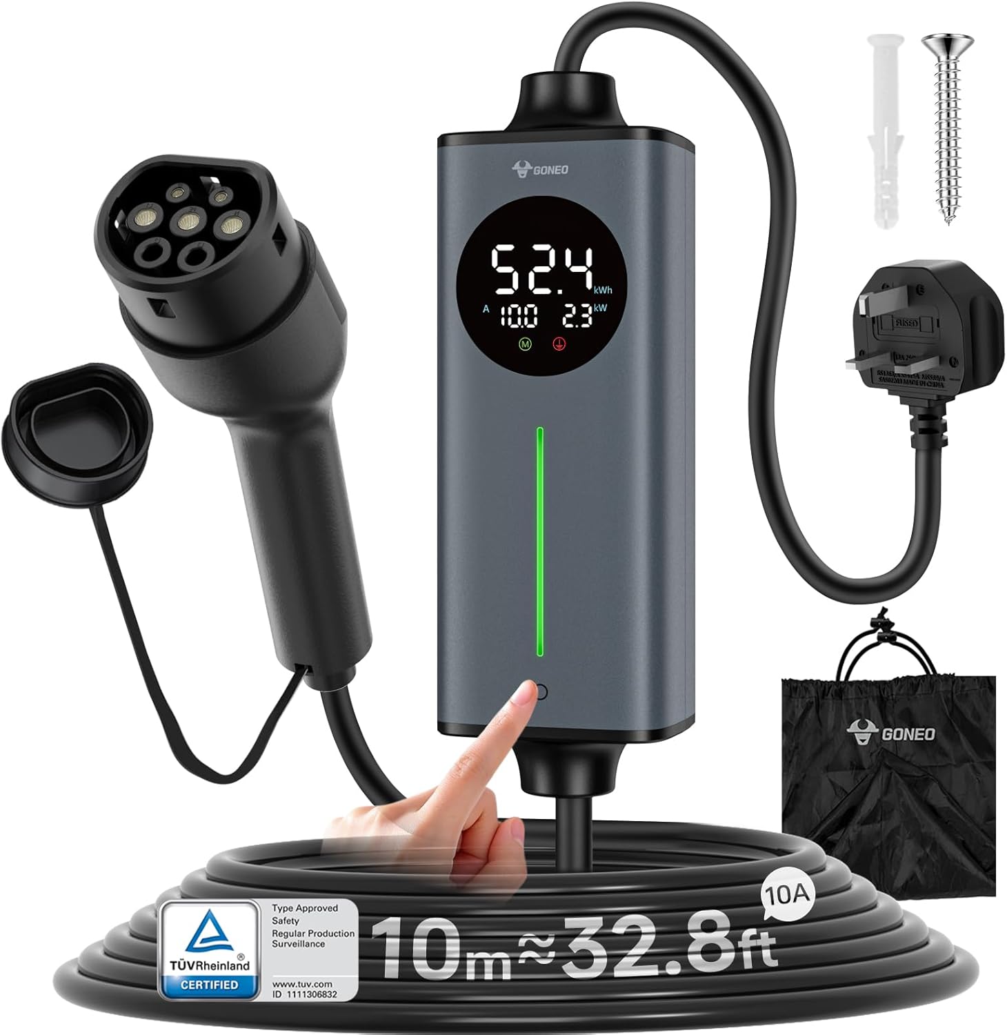 GONEO Type 2 to 3-Pin EV Charger (10m, 2.4kW)